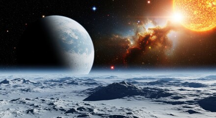 A desolate planet surface with a large moon and a distant sun and nebula in the background view