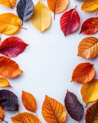 Obraz premium Vibrant autumn leaves arranged in a frame on a white background.