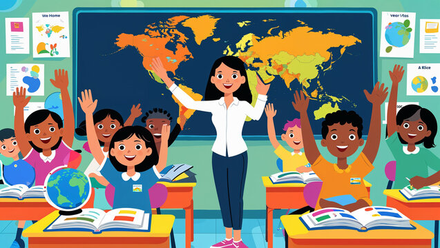 Happy teacher and diverse students raise hands in a classroom during a lesson