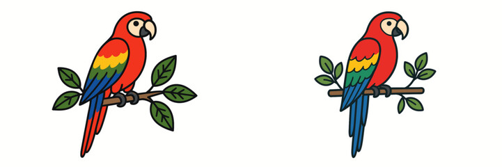 Obraz premium Colorful parrots perched on branches surrounded by leaves in a vibrant and lively tropical setting