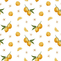 Seamless lemon pattern with flowers. Hand drawn watercolor lemons, slices and citrus flowers. Fresh and cheerful summer design for fabric, wrapping paper, kitchen decor and digital products.