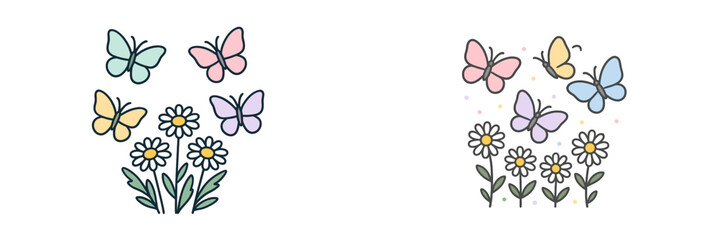 Colorful butterflies and flowers create a vibrant spring garden decoration scene in bright pastel colors