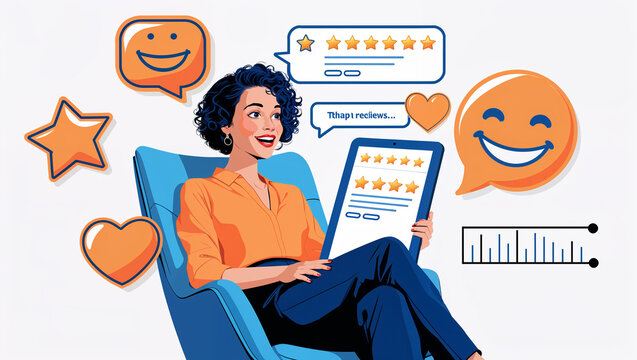 Happy woman reading positive online reviews and ratings on a tablet computer