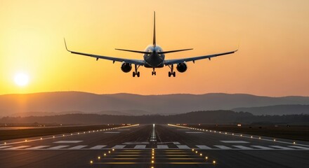 Airplane approaching runway during sunset with mountains and a golden sky in the background