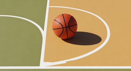 A basketball sitting on a basketball court with a shadow cast on the court surface near the free throw line