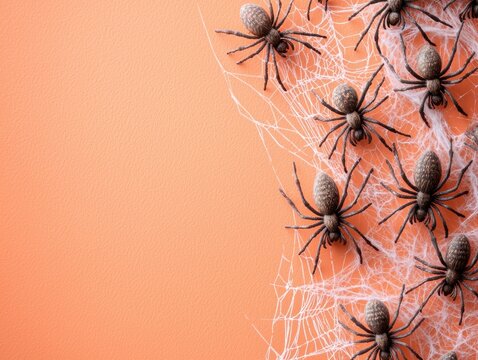 A flatlay image featuring numerous plastic spiders arranged on a cobweb against a solid orange background, leaving ample space on the left - Powered by Adobe