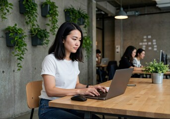 Young asian freelancer working on laptop in coworking space with green wall