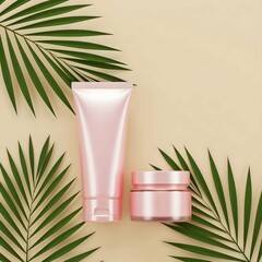 Pink cosmetic tube and jar surrounded by tropical palm leaves on beige background
