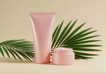 Pink cosmetic tube and jar with tropical leaf displaying natural beauty products