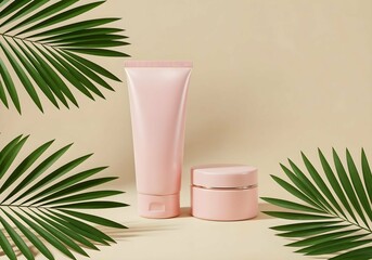 Pink cosmetic tubes and jar with tropical palm leaves creating summer skincare concept