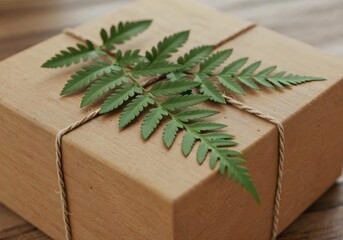 Fern leaf decorating eco-friendly cardboard gift box wrapped with jute twine