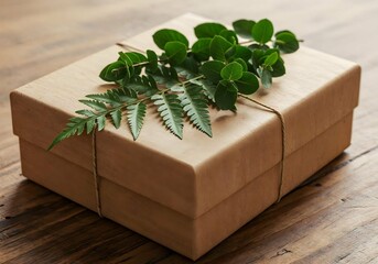 Eco-friendly gift box decorated with fern and eucalyptus on rustic wooden table