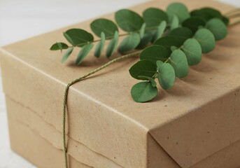 Eucalyptus leaves decorating eco-friendly brown paper gift box