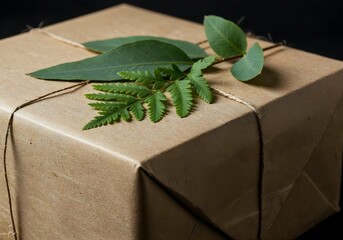Gift box wrapped in brown paper decorated with green leaves and tied with string