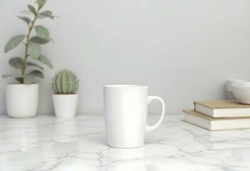 White coffee or tea mug mockup on marble table with plants and books