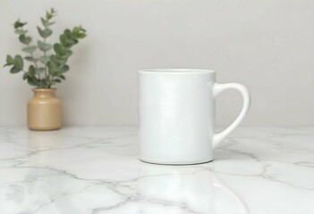 White mug standing on marble table with eucalyptus plant in background