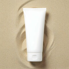 White cosmetic tube mockup resting on beach sand promoting summer skincare products