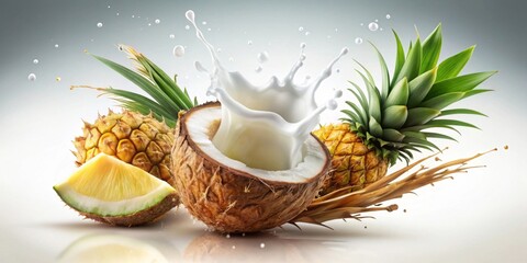 Refreshing Tropical Delight Creamy Milk Splashing Over a Juicy Coconut and Two Ripe Pineapples