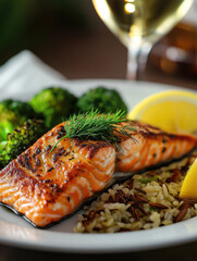 Grilled salmon fillet served with rice and vegetables at a dining table