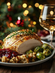 Delicious holiday dinner with roast turkey, stuffing, Brussels sprouts, and wine