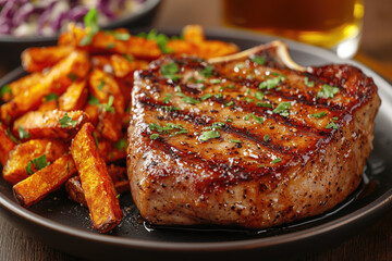 Grilled pork chop served with crispy fries and coleslaw