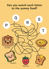 Kids alphabet activity page with happy kawaii snacks. 
Preschool tracing game with ABC and cute food maze
