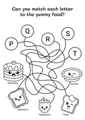 A to Z food maze for children to trace and color. Coloring alphabet maze worksheet with cute kawaii food