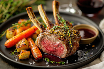 Delicious lamb rack with roasted vegetables served in a cozy dining setting