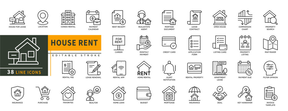 Minimalist house rent line icons set with editable stroke, property, buying, renting, house, rental fee, rental app, purchase home loan, mortage documen, home, insurance. thin linear illustration.