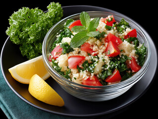 Tabbouleh salad with bulgur wheat, parsley, mint, tomatoes