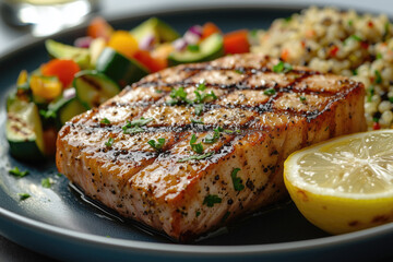 Delicious seared tuna with lemon, quinoa, and grilled zucchini
