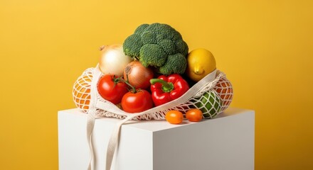 Still life of fresh produce in a reusable net bag on a white cube against a yellow background studio shot