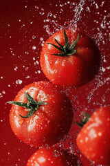 Fresh red tomatoes splashing in water against red backdrop for a vibrant culinary vibe