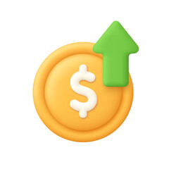 Dollar coin with growth arrow. Investment, financial transaction, business and financial growth concept. 3d vector icon. Cartoon minimal style.