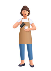 Young smiling female barista Jane pouring a drink into a coffee cup. Coffee shop, coffee time concept. 3d vector people character. Cartoon minimal style.