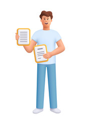 Young smiling man James holding two documents or sheets of paper in both hands. Business, education, office work concept. 3d vector people character. Cartoon minimal style.