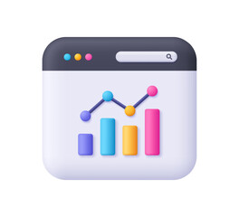 Web page and growth bar chart with columns and upward arrow. Financial stock market, data analysis and business concept. 3d vector icon. Cartoon minimal style.