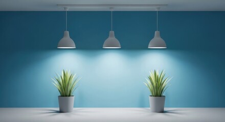 Three pendant lights illuminate two potted plants against a blue wall in a minimalist interior space