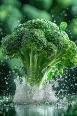 Fresh broccoli splashing in water with droplets