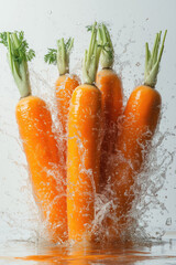 Fresh carrots splash in water during bright daylight
