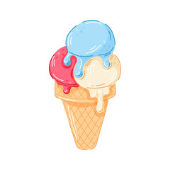 Ice cream cone with scoops of vanilla, strawberry or raspberry and mint or blueberry flavor in a waffle cone cartoon. Perfect design for summer design and cafe menu.