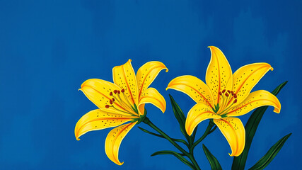 Two vibrant yellow lilies against a bold blue background
