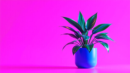 Vibrant blue potted plant on pink background minimalist design