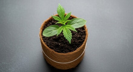 A small cannabis plant growing in a brown pot with soil against a gray background in a close up shot