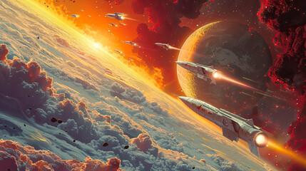 Several spaceships are seen flying in formation near a planet with dense cloud cover. An orange glow emanates from the atmosphere, and explosions occur in the deep space beyond