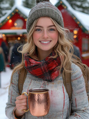 Smiling woman enjoying a warm drink at a winter market in a snowy setting