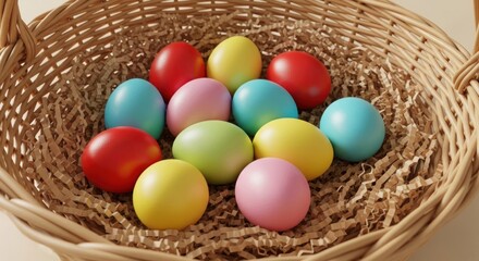 A basket filled with colorful easter eggs resting on shredded paper, ready for the easter celebration