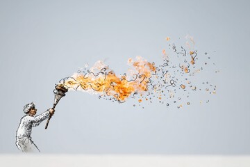 Artistically portrayed figure holding a torch, releasing flames in a captivating display against a minimalistic backdrop