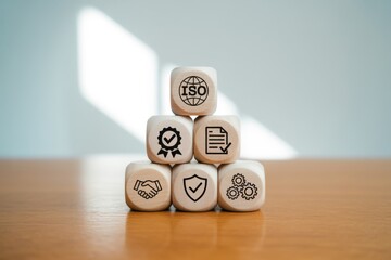 Wooden blocks with quality assurance symbols.