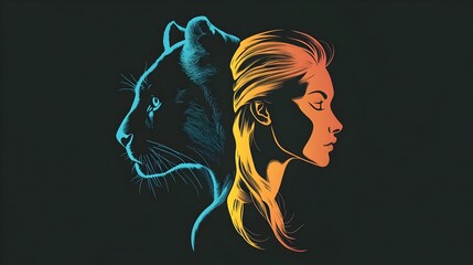Colorful side profile icon of a panther's head fused with a female face. Concept : themes like feminine power, wildlife symbolism, personal identity, logo and brand design, empowerment, elegance in st